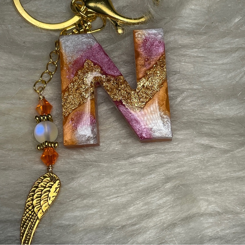 Orange, Gold and Pink Initial Letter “N” Boho Keychain With Angel Wing Charm - Picture 8 of 11